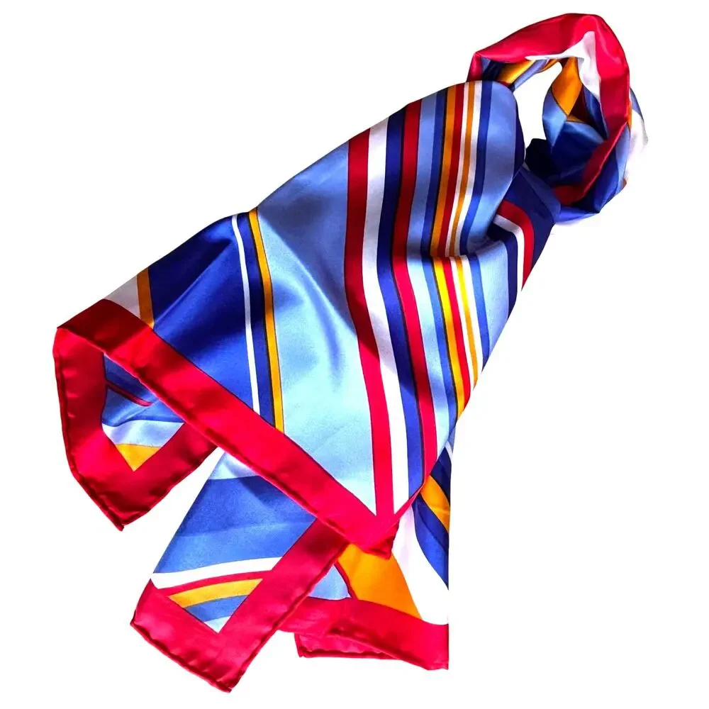 Vintage Silky scarf diagonal stripes rectangle red orange blue mod mid century